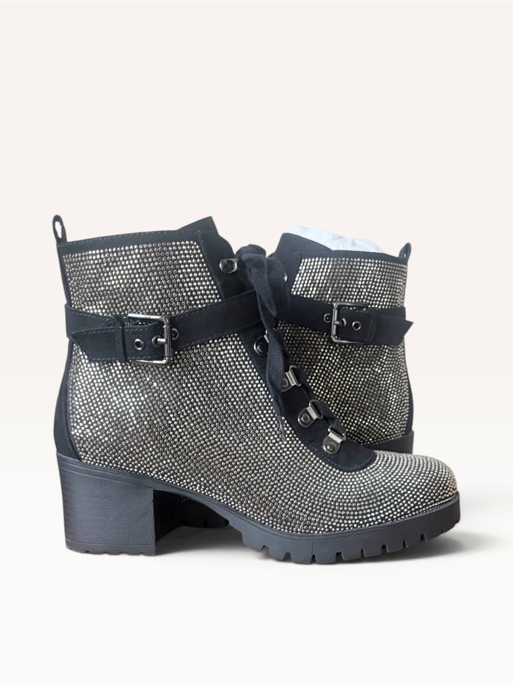 Snazzy Blingy Combat Boots with Lug Sole & 2.5" Block Heel